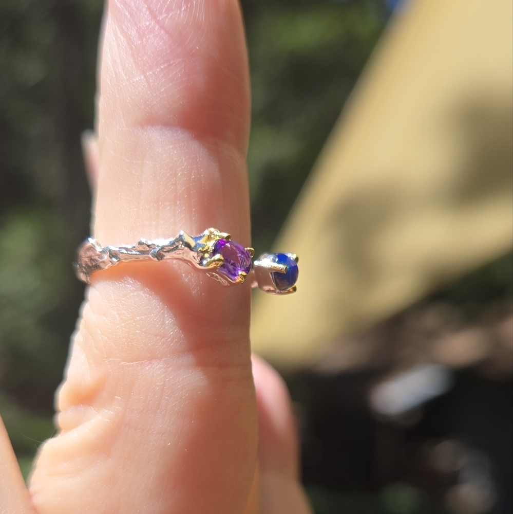 Opal & Amethyst Gemstone Sterling & Gold Ring Sz6 Adjustble - Picture 8 of 11